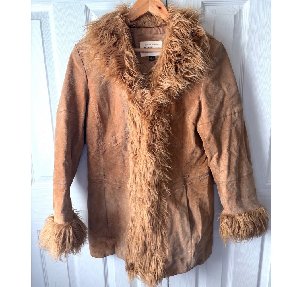 VINTAGE Y2K Maurice's Tan Suede Shaggy Fur 1970's Style Afghan Penny Lane Coat M